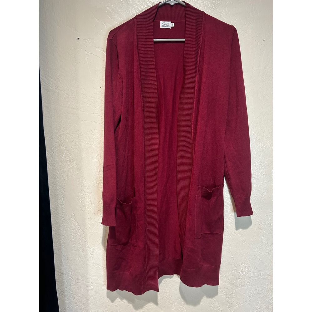 Cielo Womens Burgundy Longline Open Front Cardigan XL Shawl Collar Pocket Knit